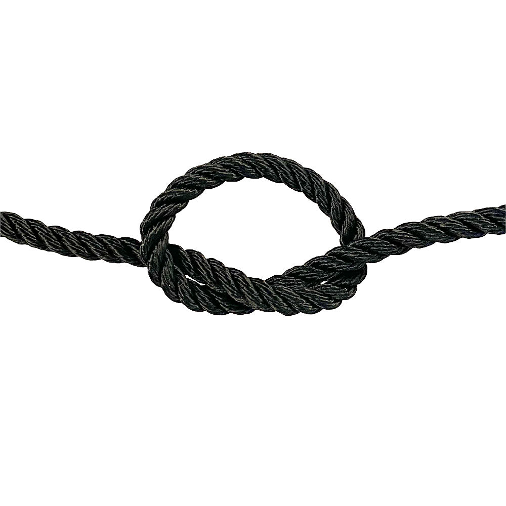 close-up of 8mm black polyester rope in a knot on a white background