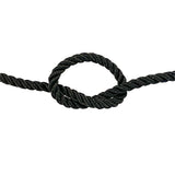 close-up of 8mm black polyester rope in a knot on a white background