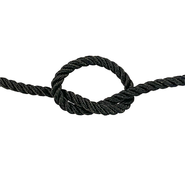 close-up of 8mm black polyester rope in a knot on a white background