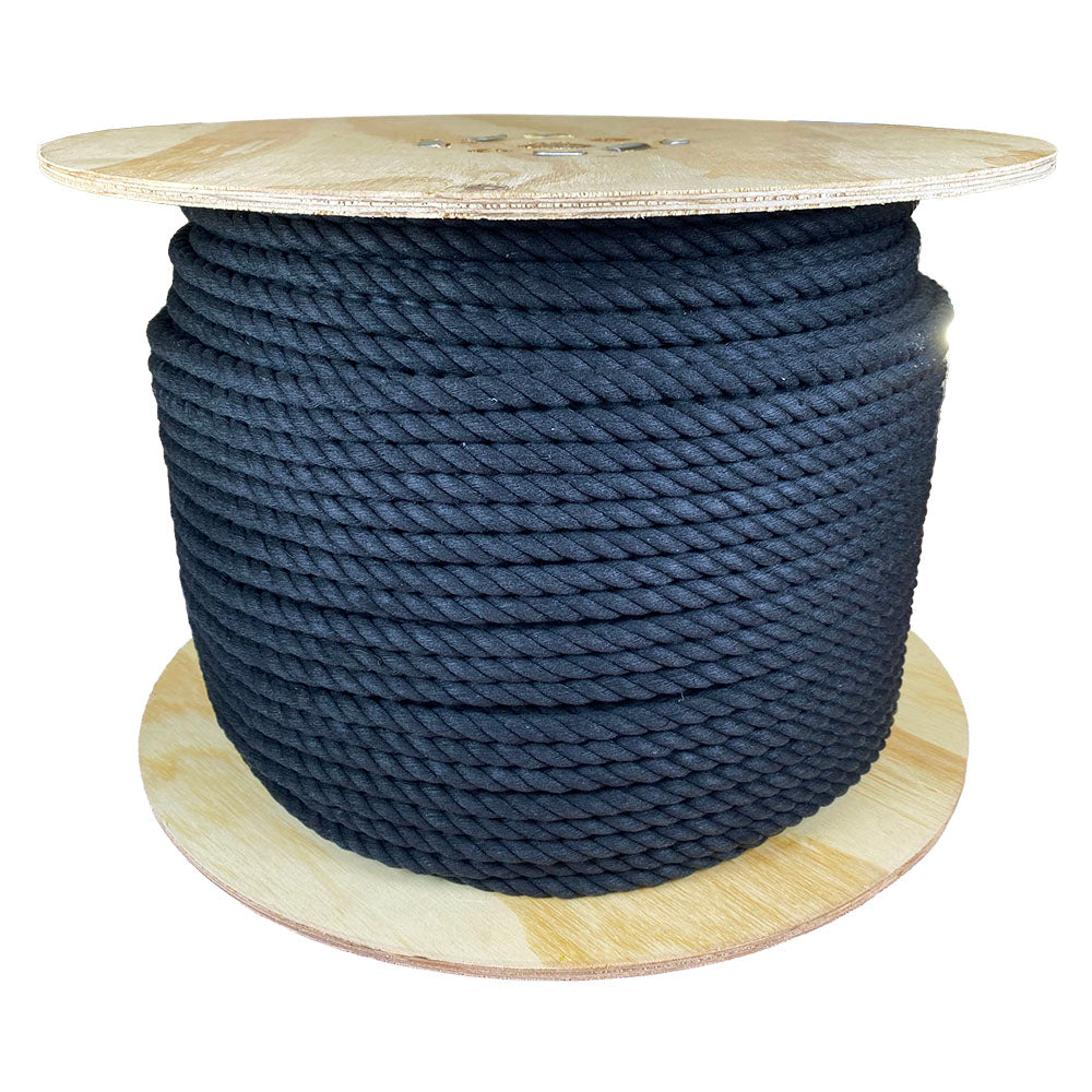 Spool of 10mm black cotton rope on a wooden reel with a white background
