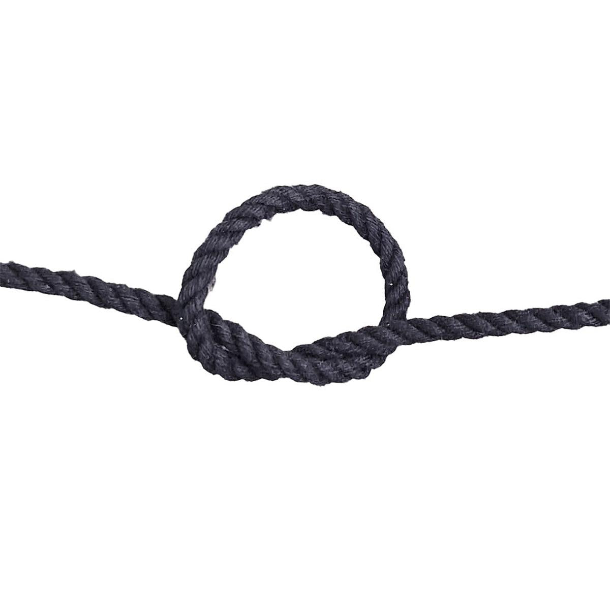 Close-up of a knotted black rope on a white background