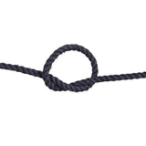 Close-up of a knotted black rope on a white background