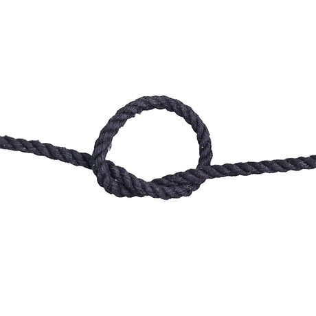 Close-up of a knotted black rope on a white background