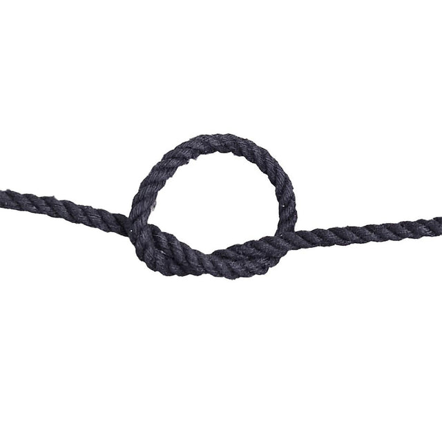 Close-up of a knotted black rope on a white background