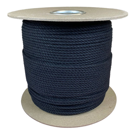 Spool of 4mm black cotton rope on a cardboard reel with a white background