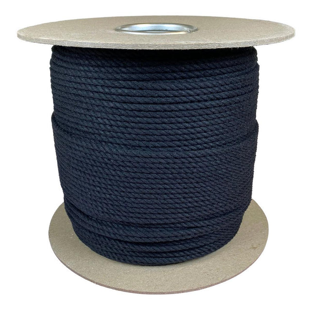 Spool of 4mm black cotton rope on a cardboard reel with a white background