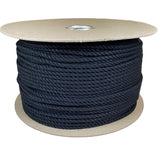 Spool of 6mm black cotton rope on a cardboard reel with a white background