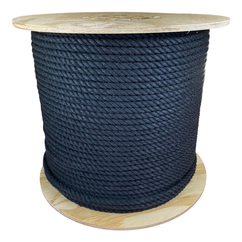 Spool of 8mm black cotton rope on a wooden reel with a white background