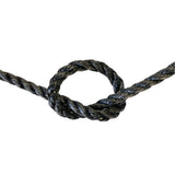 Close-up of a knotted black rope on a white background