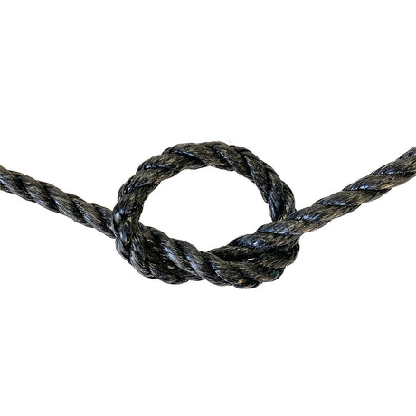 Close-up of a knotted black rope on a white background