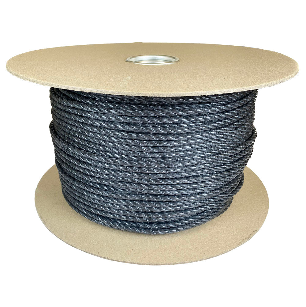 Spool of 6mm black polypropylene rope on a cardboard reel with a white background