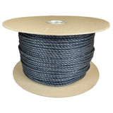 Spool of 6mm black polypropylene rope on a cardboard reel with a white background