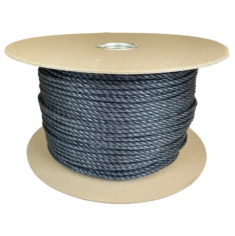 Spool of 6mm black polypropylene rope on a cardboard reel with a white background