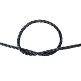 Coiled black rope on a white background