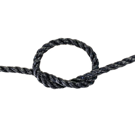 Close-up of a knotted black rope on a white background