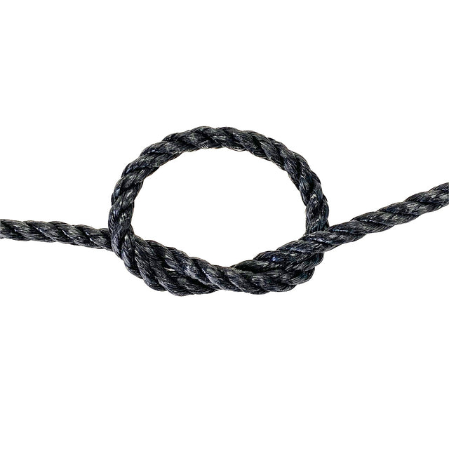 Close-up of a knotted black rope on a white background
