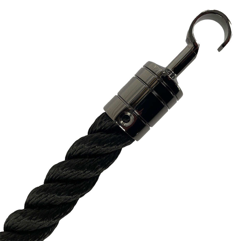 Black rope with metal hook on a white background