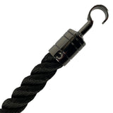 Black rope with metal hook on a white background