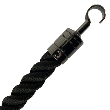 Black rope with metal hook on a white background