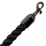 Black rope with a black metal hook on a white background