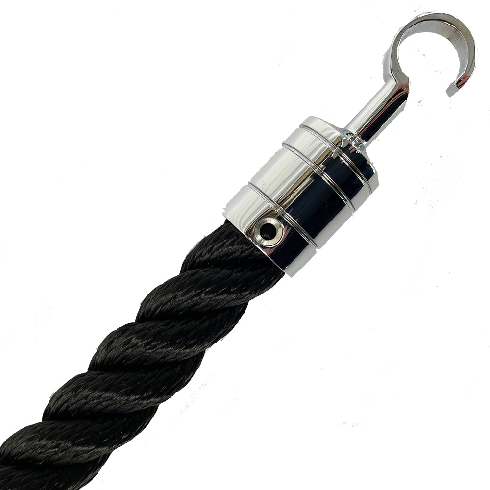 Black rope with a metal hook on a white background