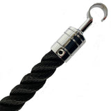 Black rope with a metal hook on a white background
