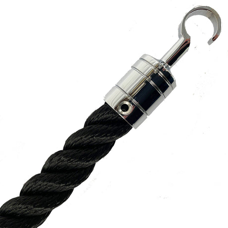 Black rope with a metal hook on a white background