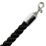 Black rope with a silver hook on a white background