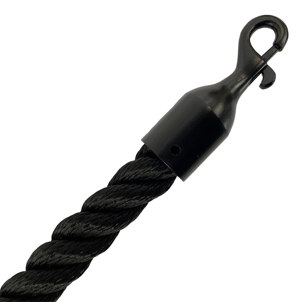 Black rope with a metal hook on a white background