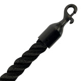Black rope with a metal hook on a white background