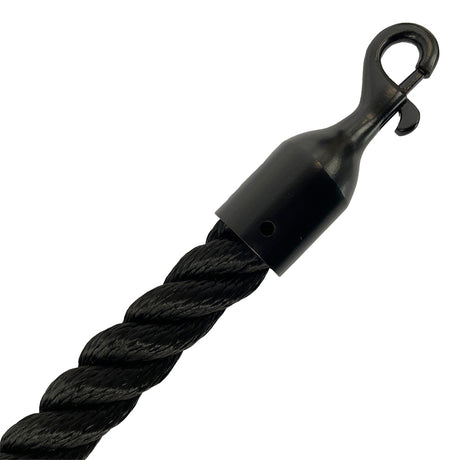 Black rope with a metal hook on a white background