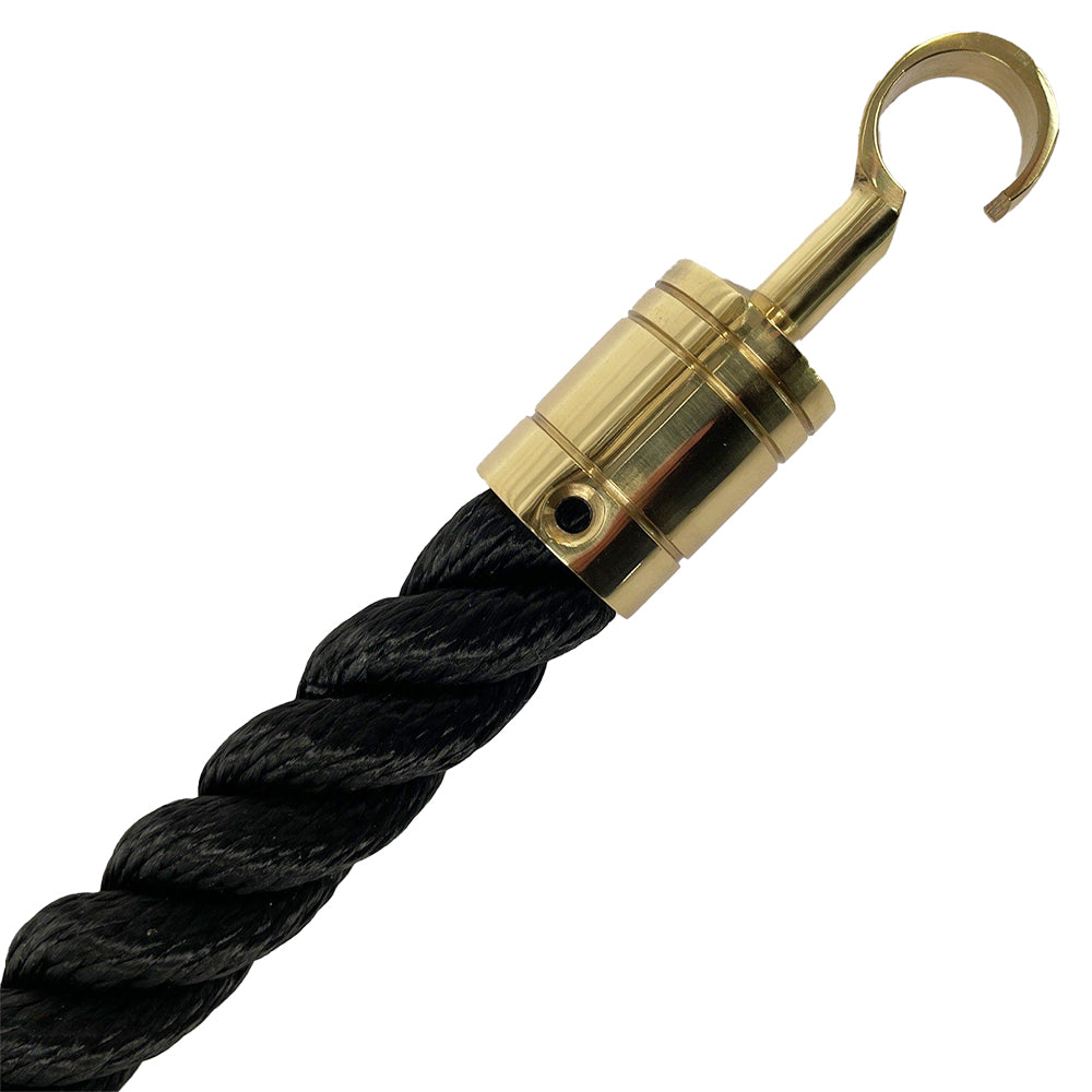 Black rope with a brass hook on a white background