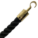 Black rope with a brass hook on a white background