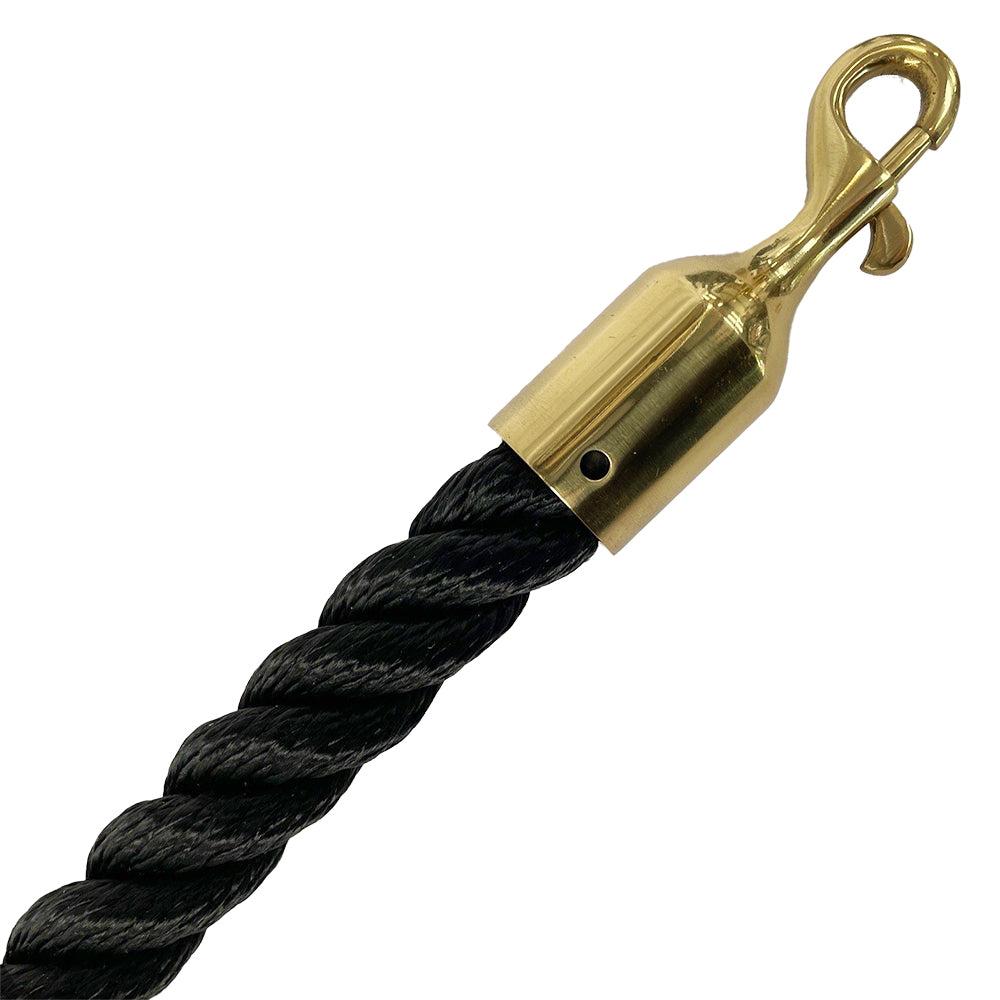 Black rope with a gold metal hook on a white background