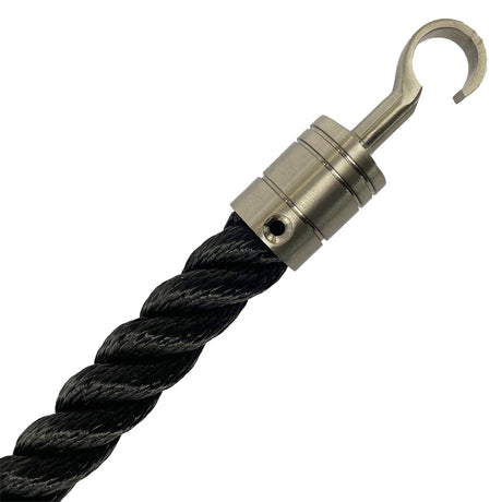 Black rope with a metal hook on a white background