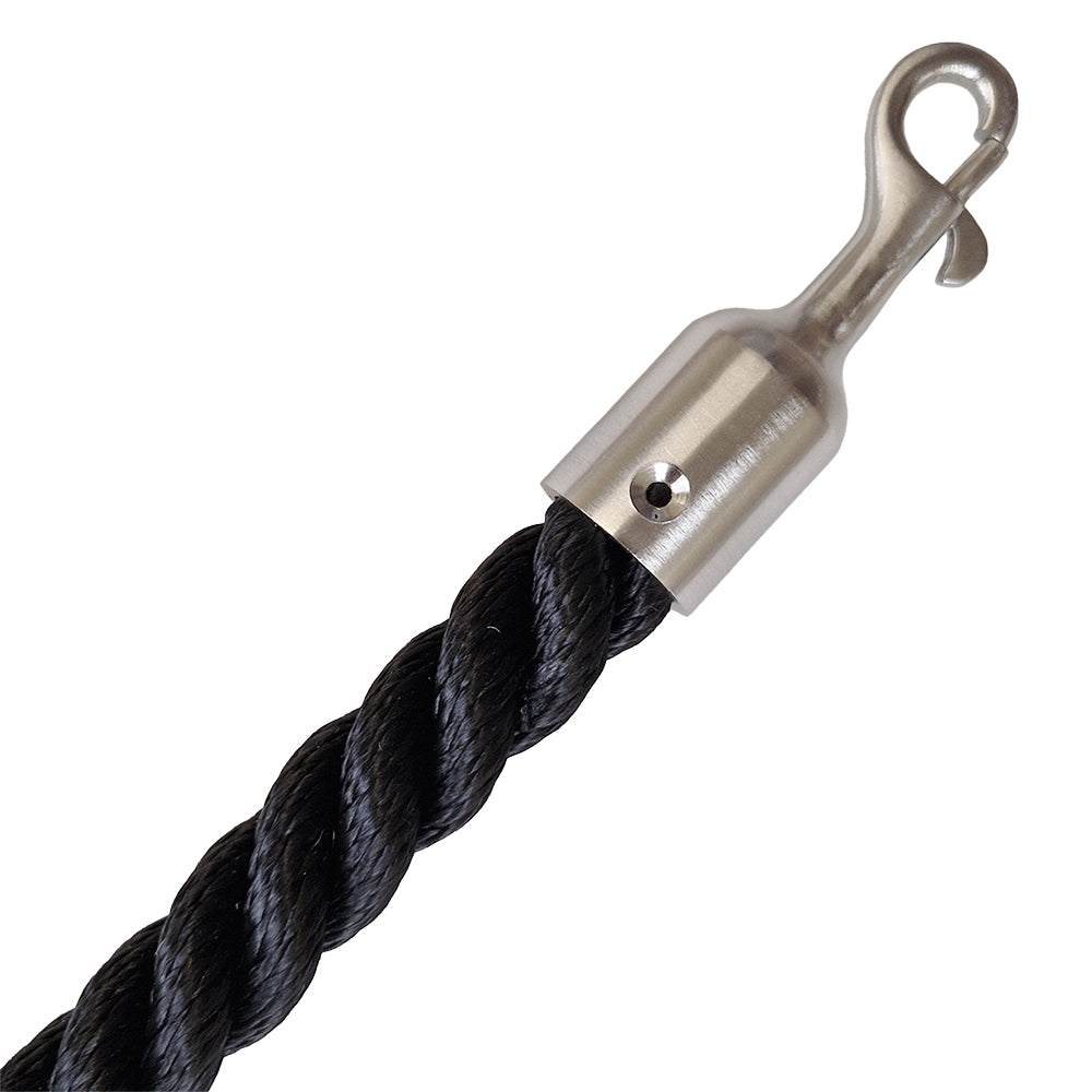 Black rope with a silver metal hook on a white background