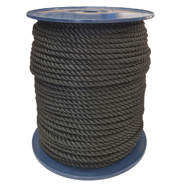 Spool of 10mm black yacht rope on a white background