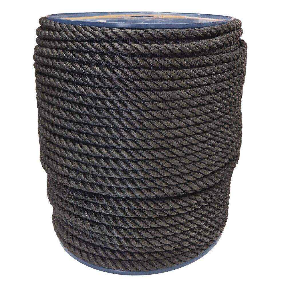 Spool of 12mm black yacht rope on a white background