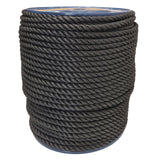 Spool of 12mm black yacht rope on a white background