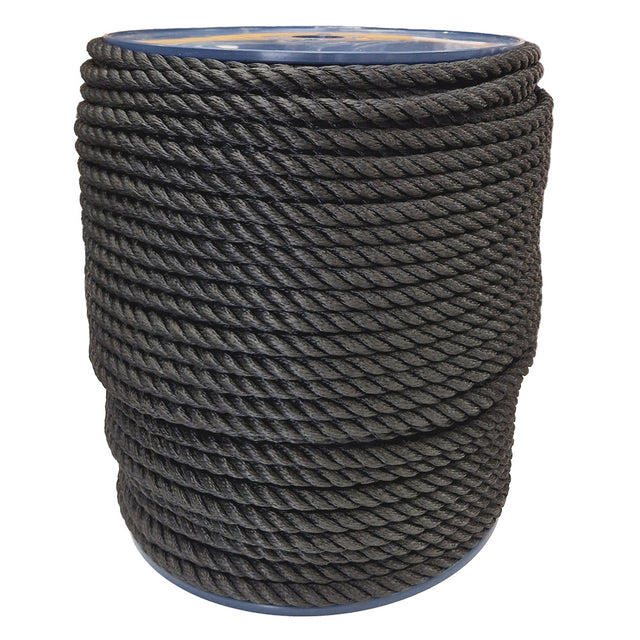 Spool of 12mm black yacht rope on a white background
