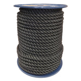 Spool of 14mm black yacht rope on a white background