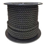 Spool of 16mm black yacht rope on a white background