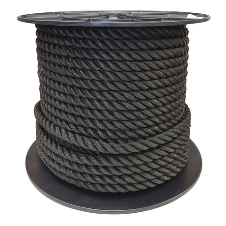 Spool of 16mm black yacht rope on a white background