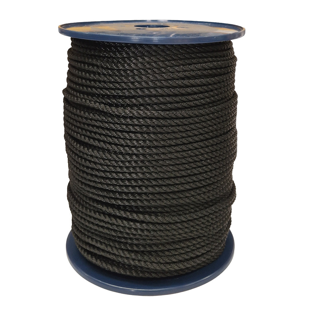 Spool of 6mm black yacht rope on a white background