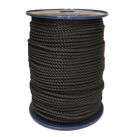 Spool of 6mm black yacht rope on a white background