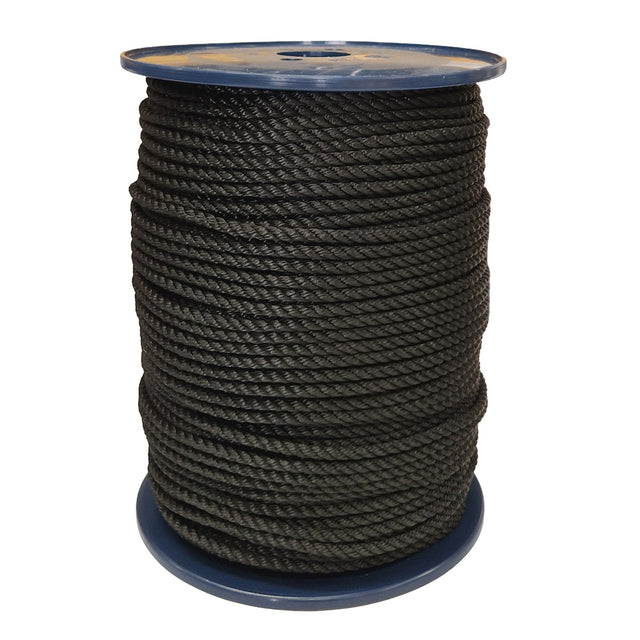 Spool of 6mm black yacht rope on a white background