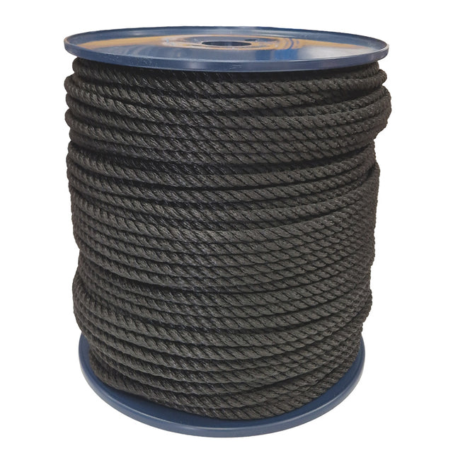 Spool of 8mm black yacht rope on a white background