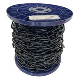 Spool of black chain on a blue plastic reel with a white background