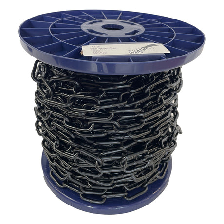 Spool of black chain on a blue plastic reel with a white background