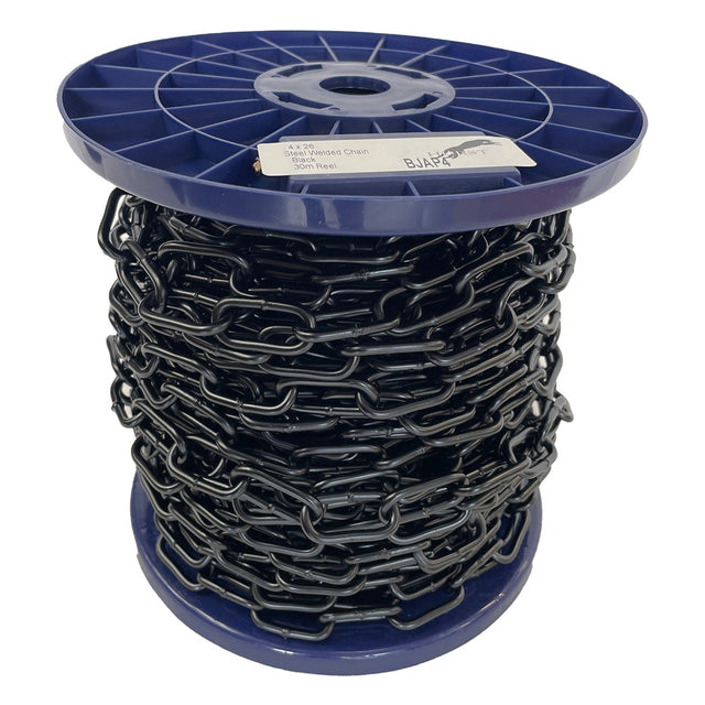 Spool of black chain on a blue plastic reel with a white background